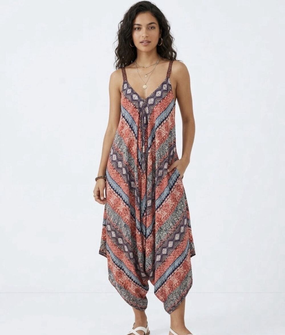 Angie Boho Jumpsuit Harem Wide Leg Paisley Print Rayon Festival Beach Slouchy L